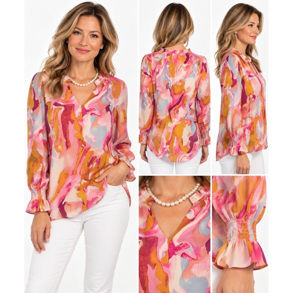 Mascomoda Women’s Small Abstract Watercolor Blouse Pink Orange Ruffle Smocked